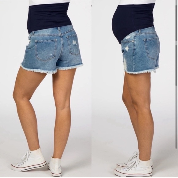 Pinkblush Dark Wash Distressed Fringe Hem Maternity Full Panel Jean Shorts - Picture 2 of 10